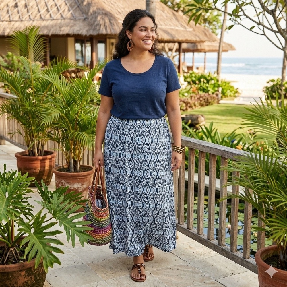 Terra & Sky Womens 4X Plus Maxi Skirt Blue White Geometric Ikat Sueded Stretch